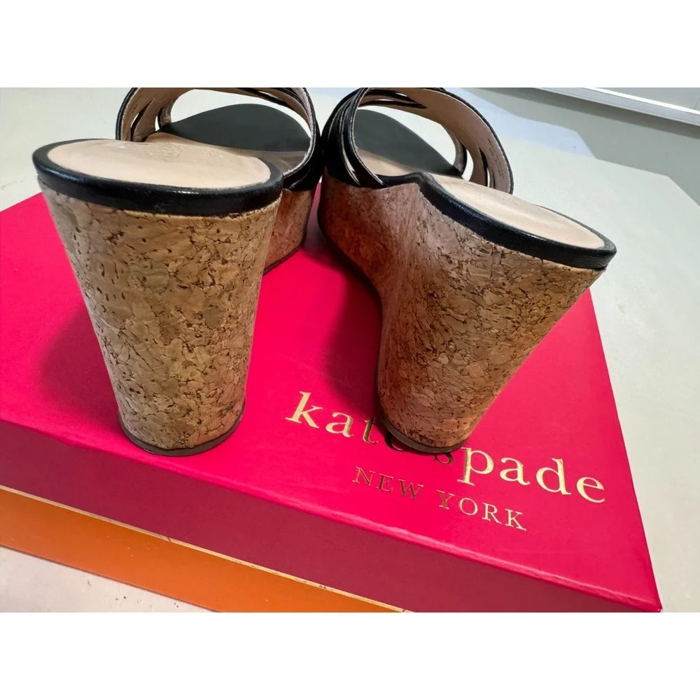 Kate Spade 6.5 Black Wedge Espadrilles Cork Leather Slide Mule Sandal Talcott